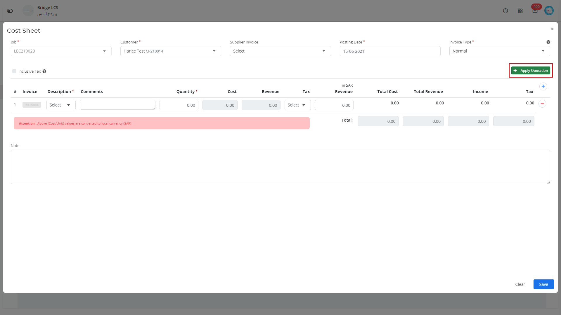 cost sheet in logistics software