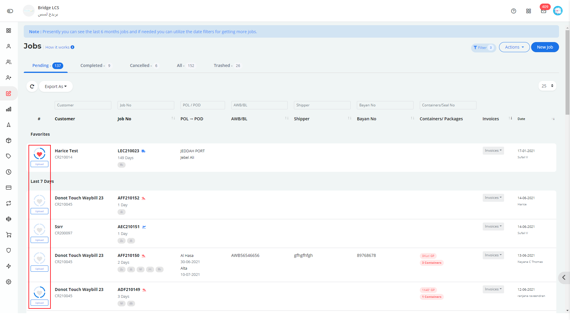 job in cost sheet in freight software