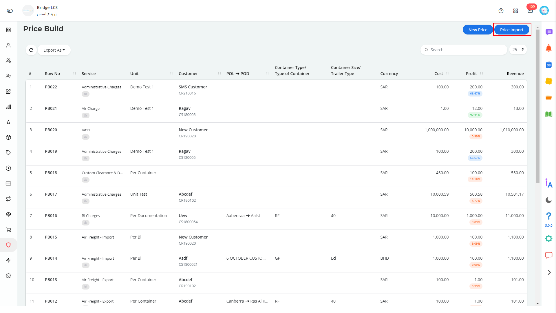 price build module in cost sheet in freight logistics software