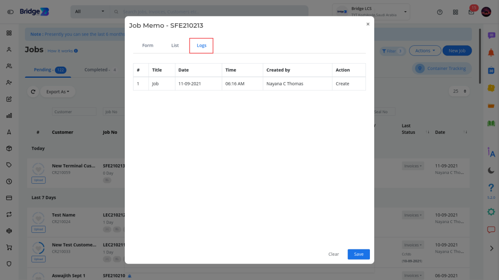 Logs of Job in logistics software