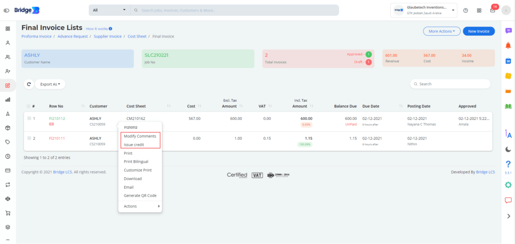 Issue credit note in Bridge LCS freight software