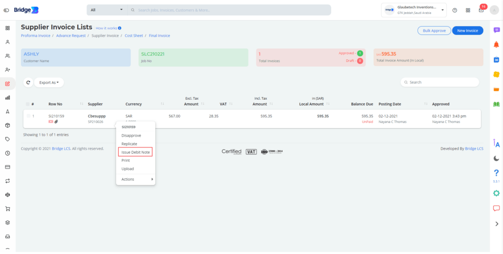 Supplier invoice in logistics software