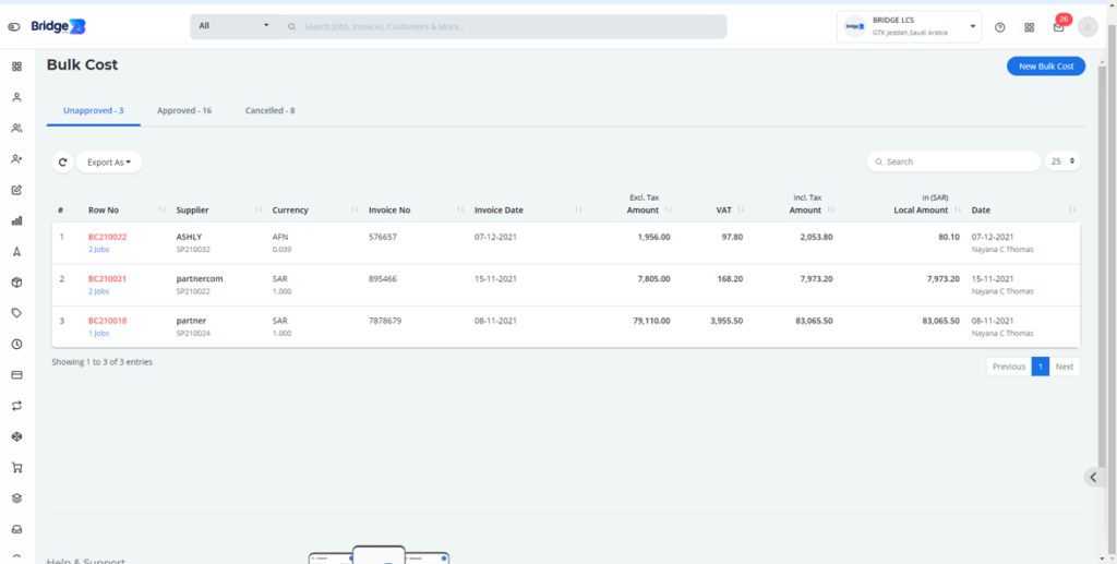 Bulk cost feature in logistics shipping software