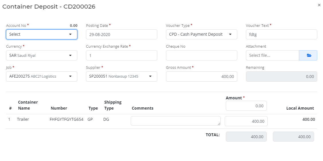 Add Details for Container Deposit