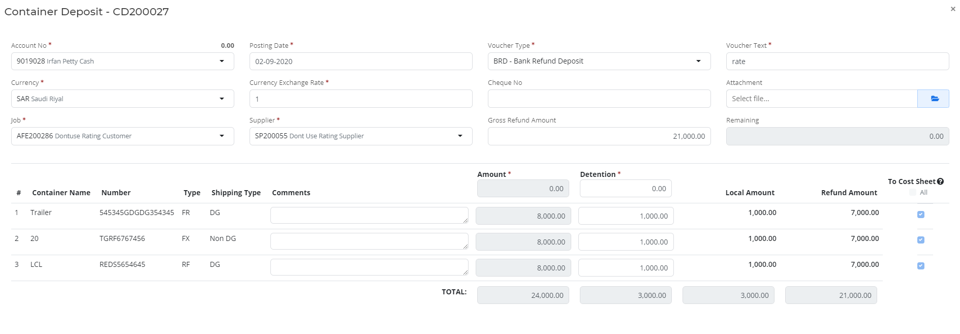 container deposit complete detail in Bridge LCS Sea Freight Software