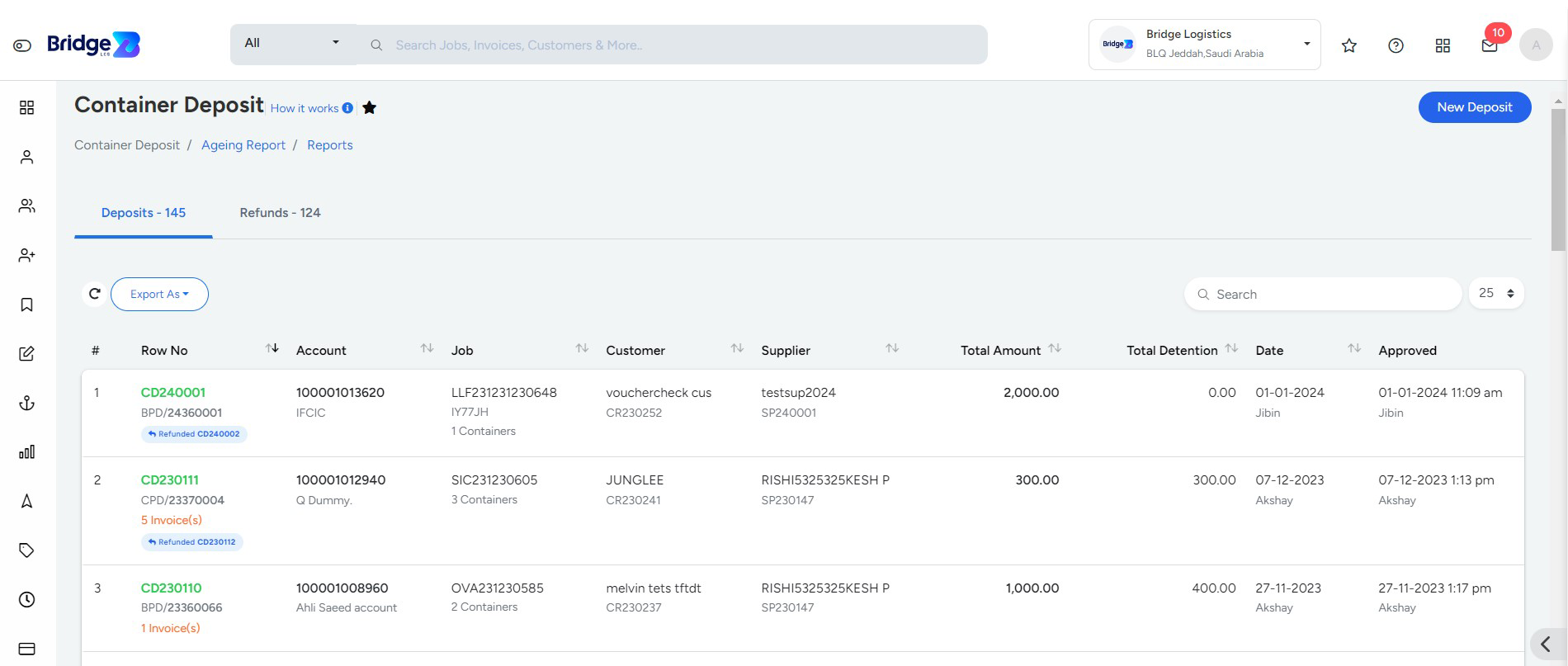 Container Deposit List in Bridge LCS freight shipping software