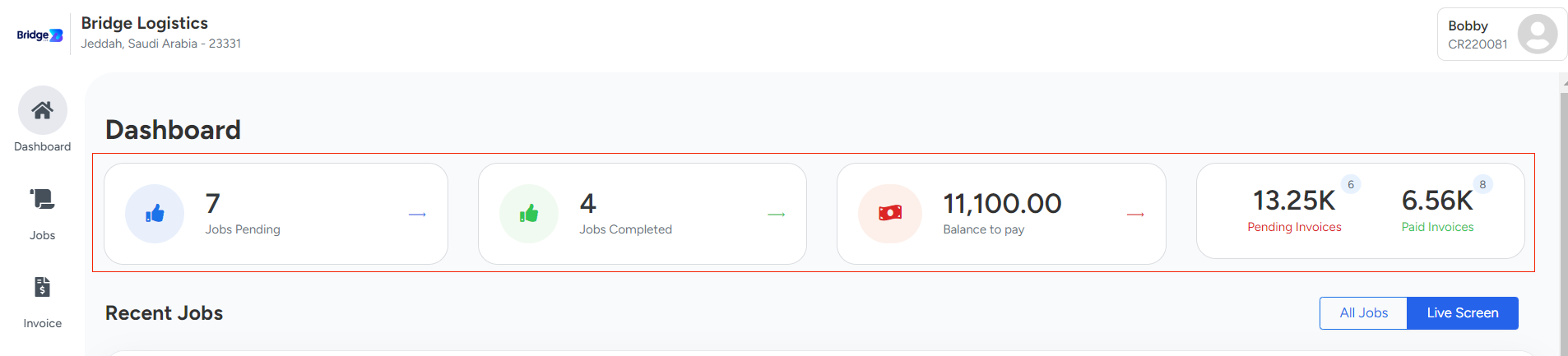 dashboard portal shipment In Bridge LCS Freight Software