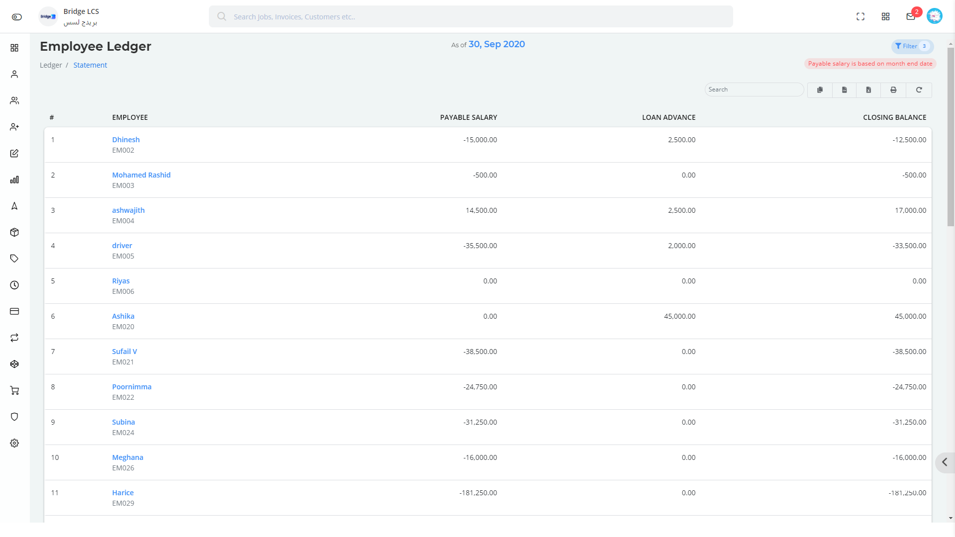 Bridge LCS ERP For Logistics Company Employee Ledger