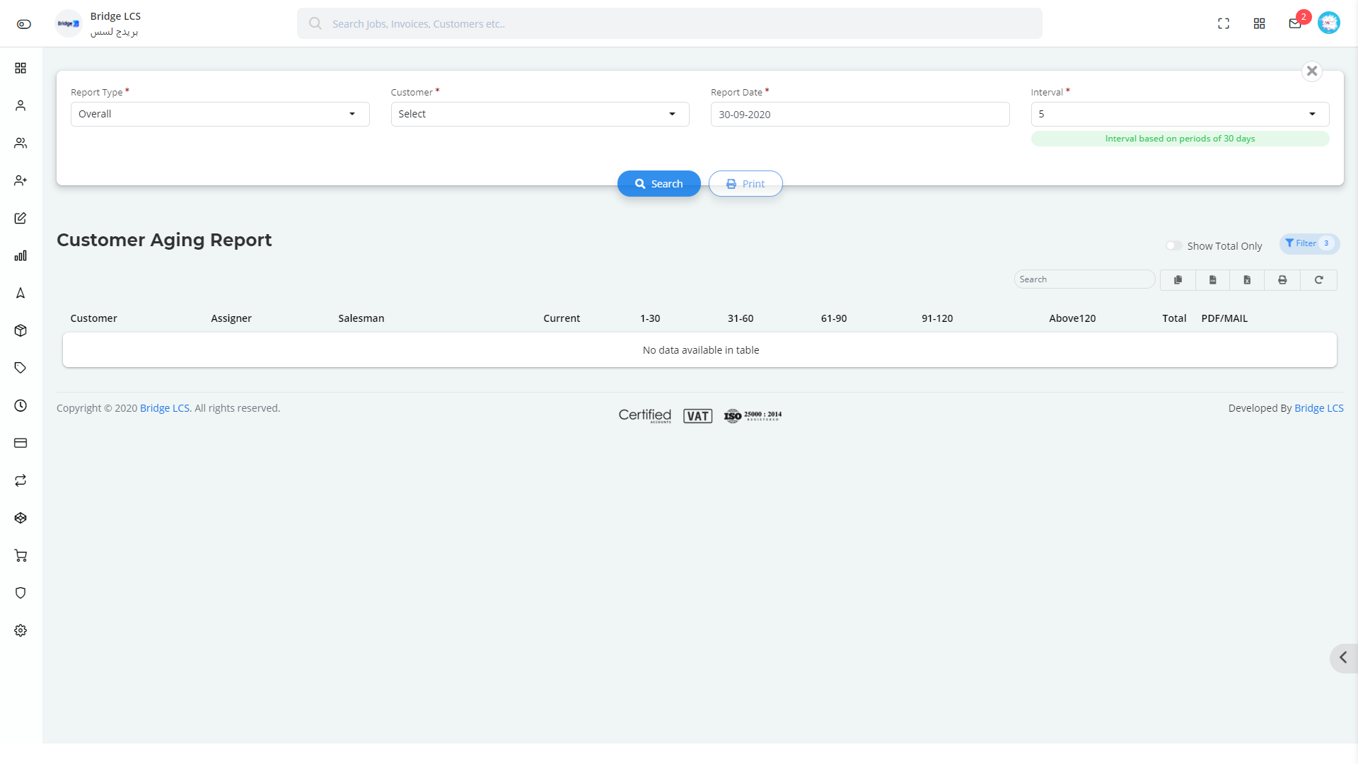 Customer Aging Report in Bridge LCS Cargo Management System Software