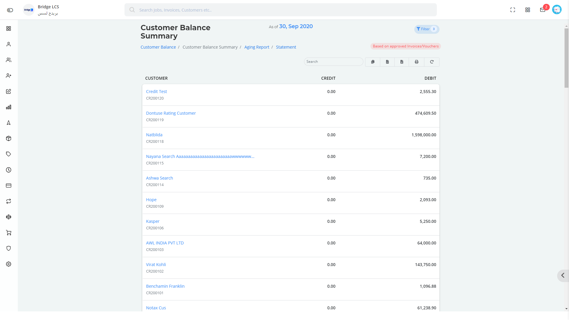 Customer Balance Summary in Bridge LCS Logistics Tracking Software