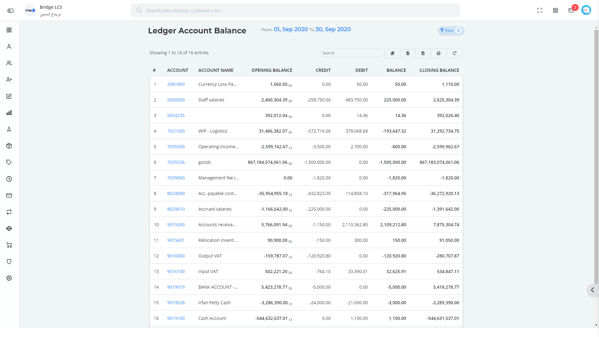 Ledger Account Balance report in Bridge LCS Logistics Software