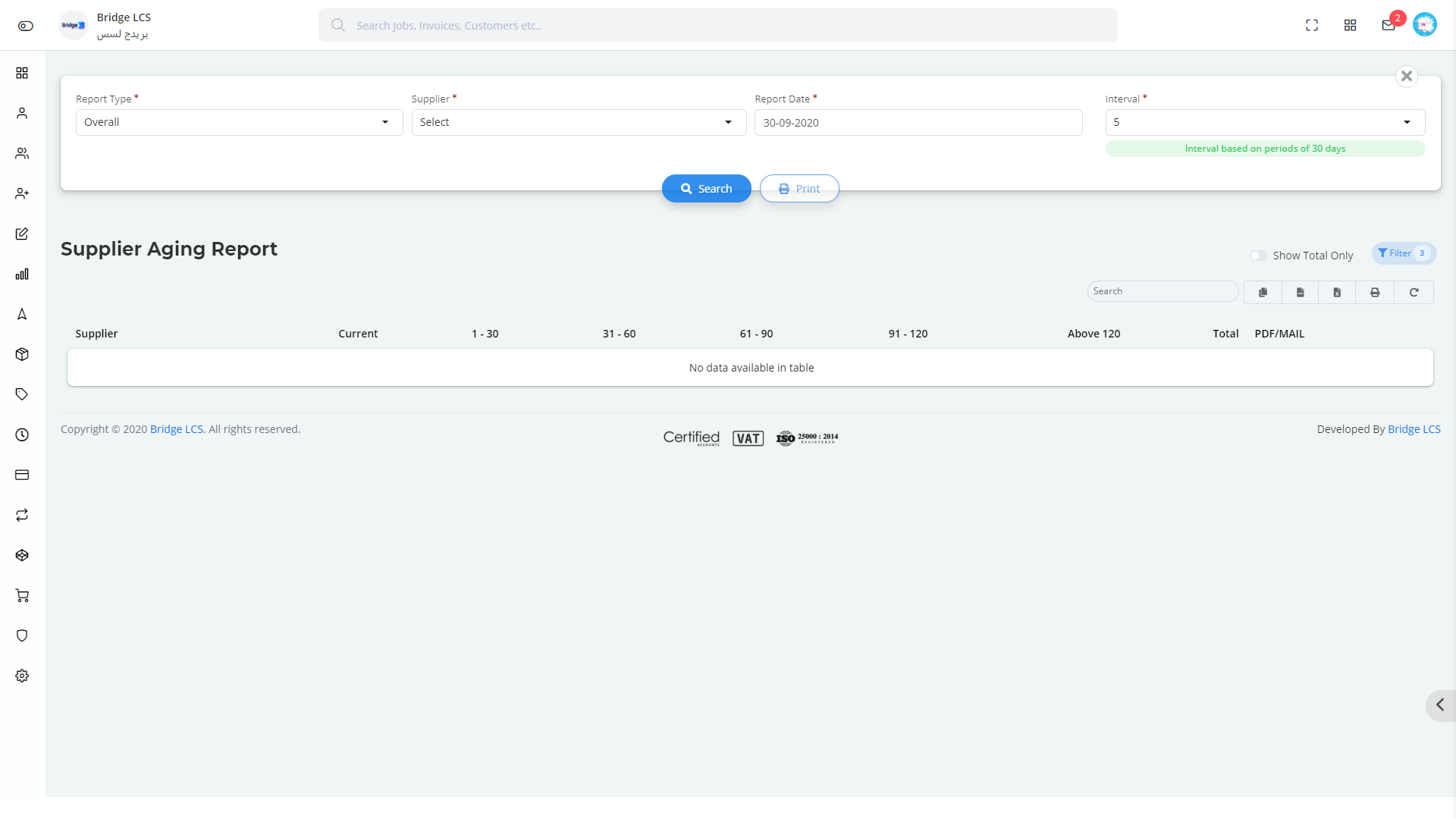 Supplier Aging Report in Bridge LCS Freight Management System Software