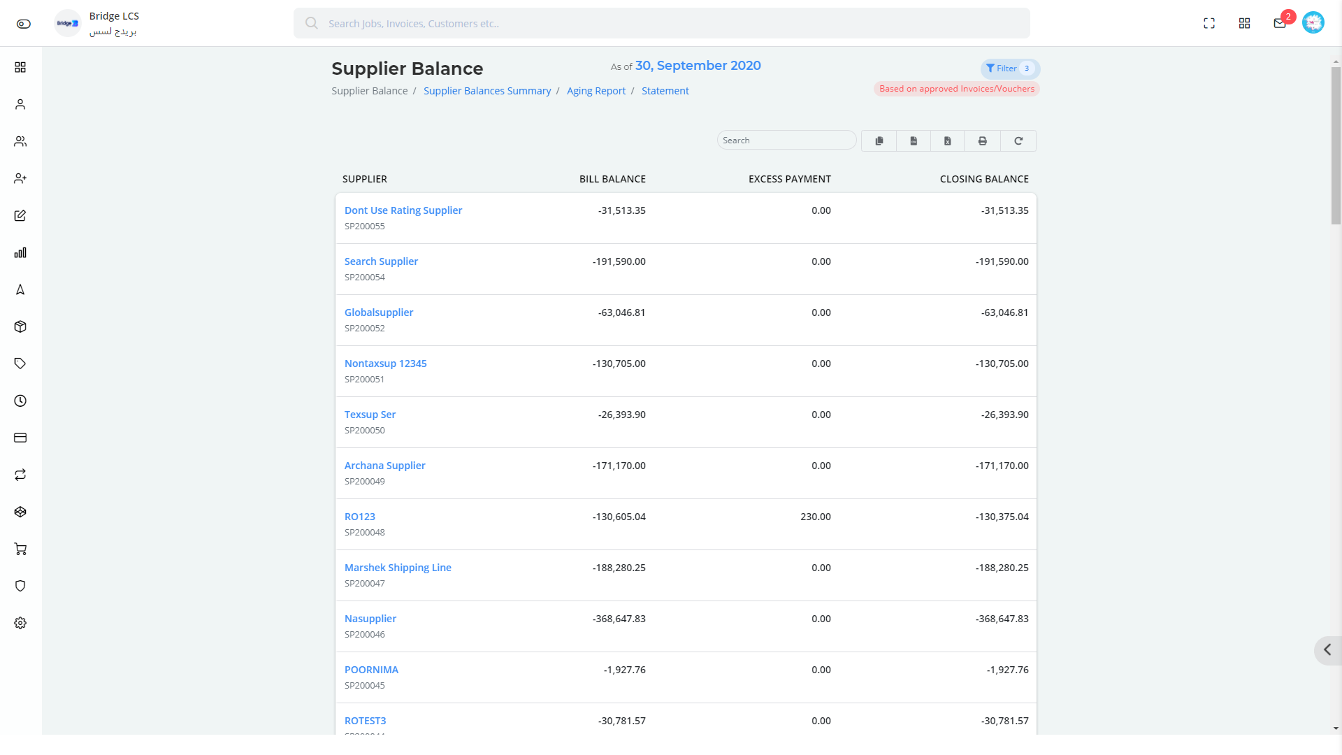 Supplier Balance list in Bridge LCS freight software