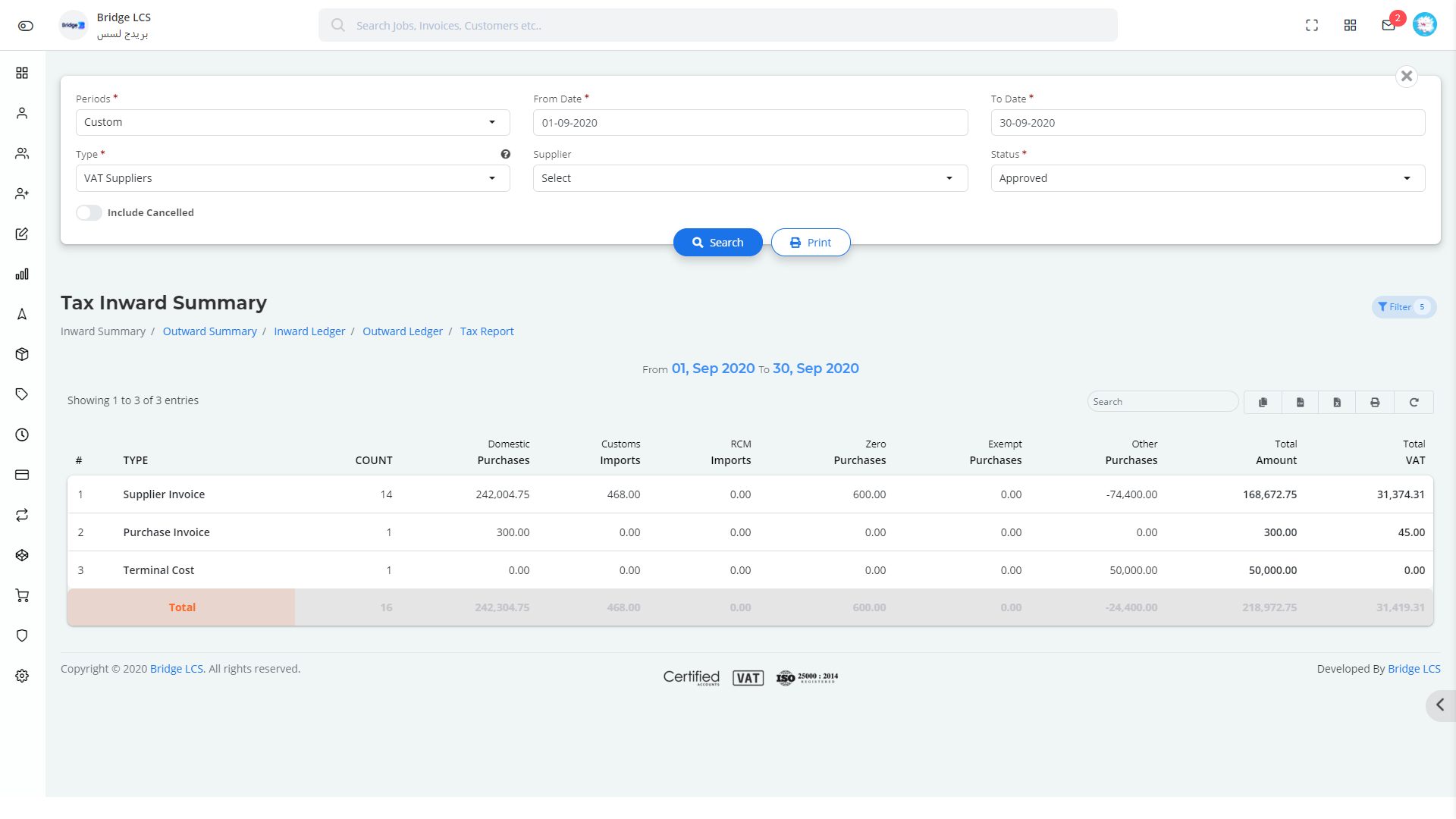 Tax Inward Summary Report in Bridge LCS Freight Forwarding ERP Software