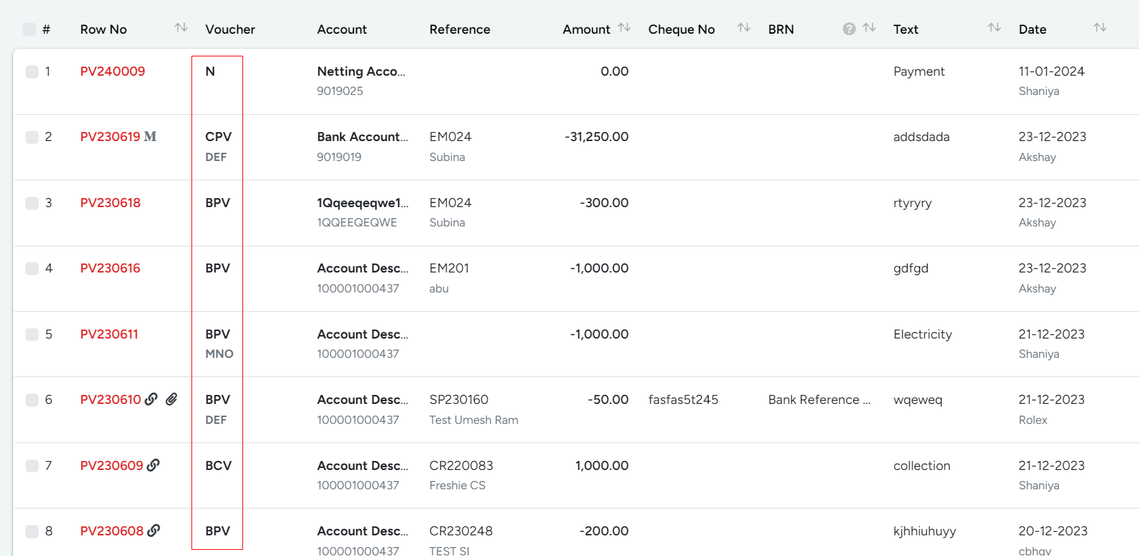 Type of each Voucher in Bridge LCS Trucking Logistics Software