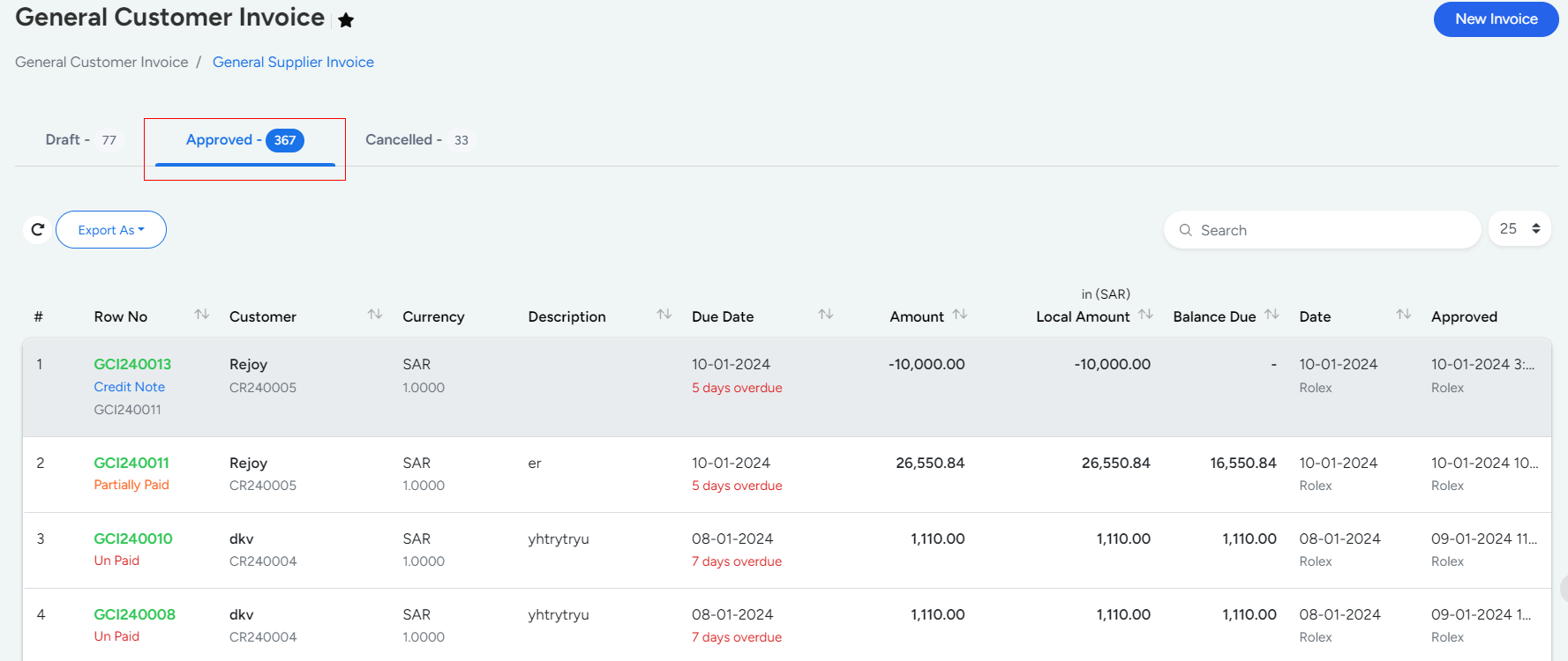 Bridge LCS General Customer Invoice approved are indicated in Green Color