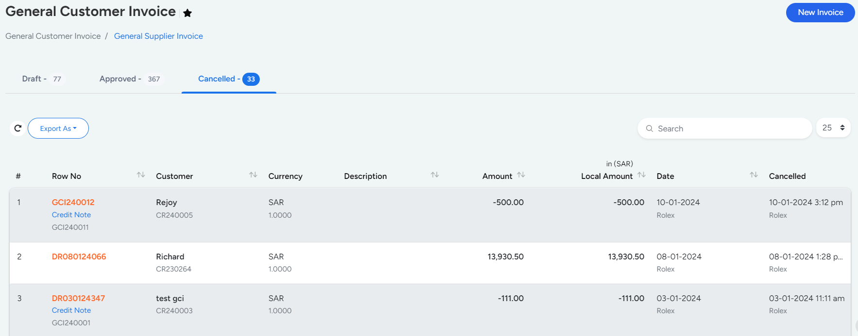 Approved General Supplier invoices are indicated in Green Color