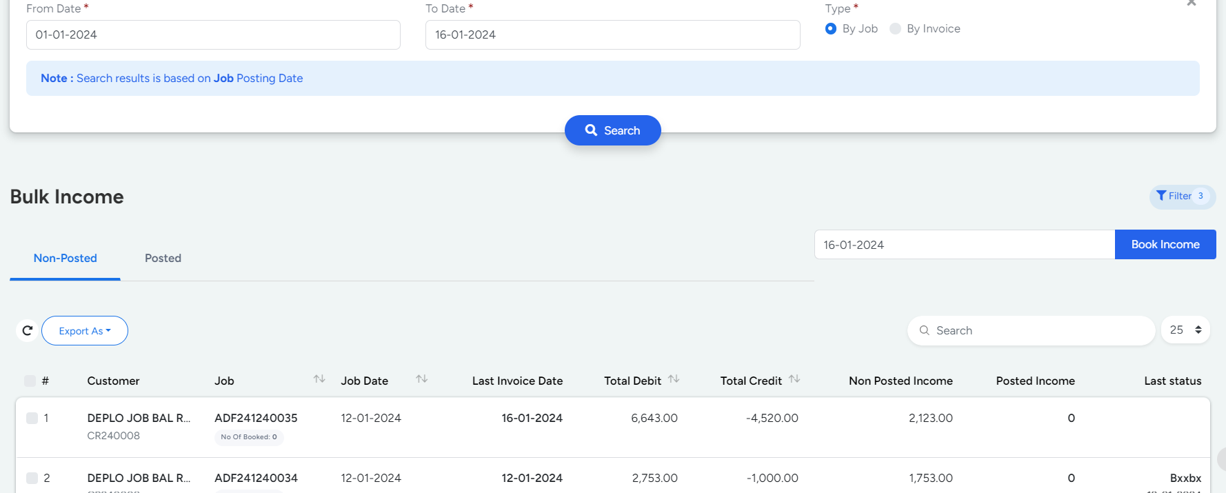 Bulk Income list in Bridge LCS Cloud Based Logistics Software