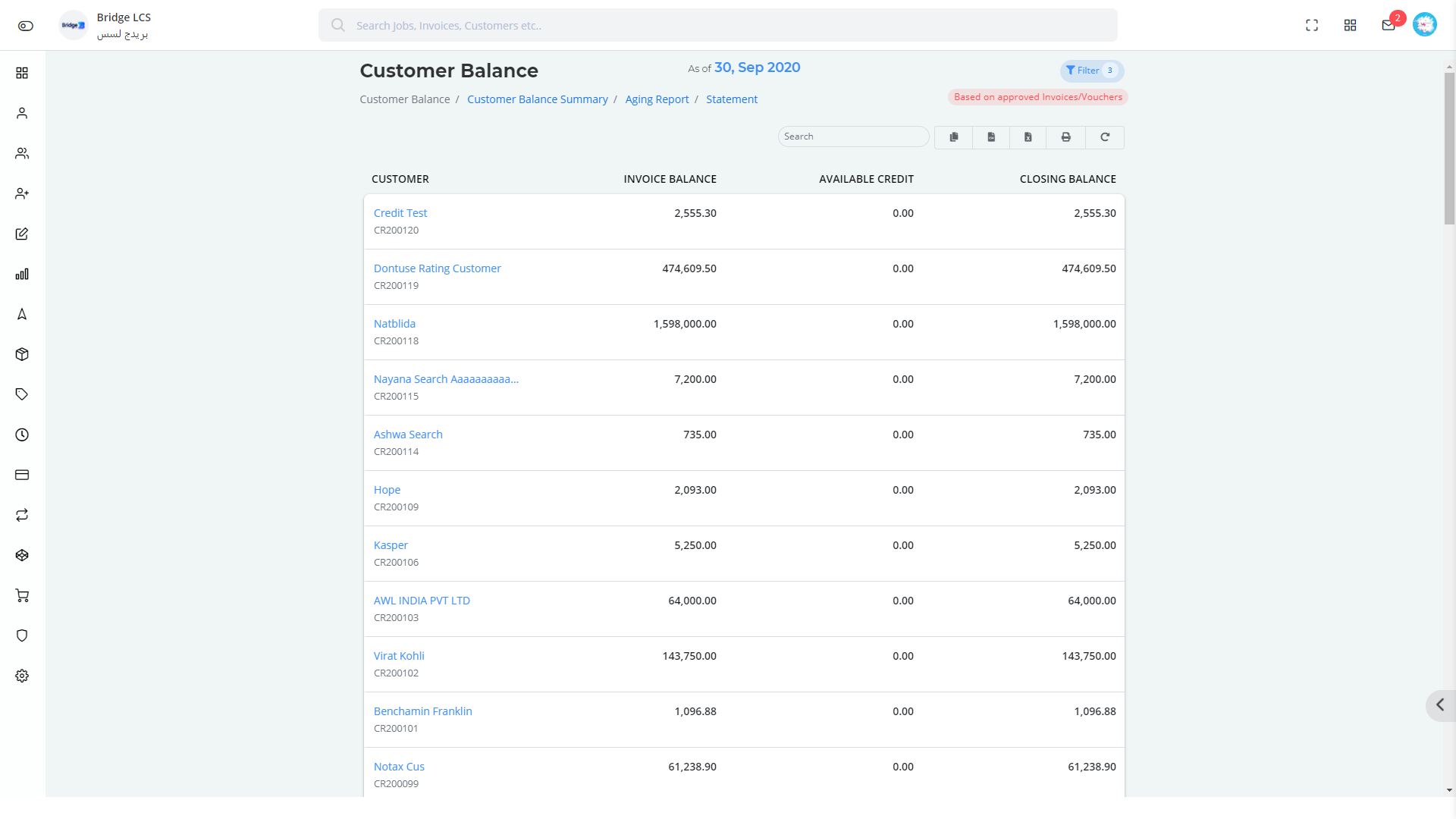 Customer Balances report in Bridge LCS Logistics Optimization Software