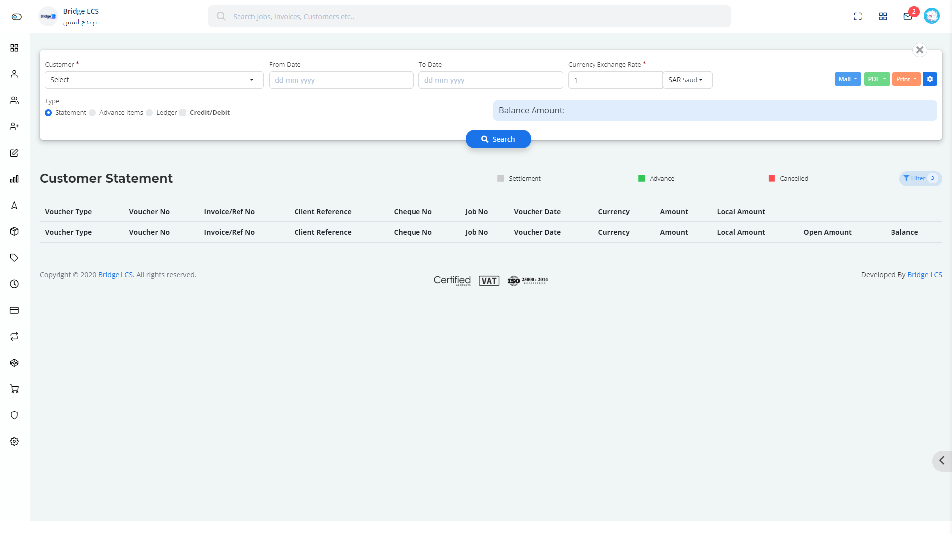 Customer Statement in Bridge LCS Freight Shipping Software