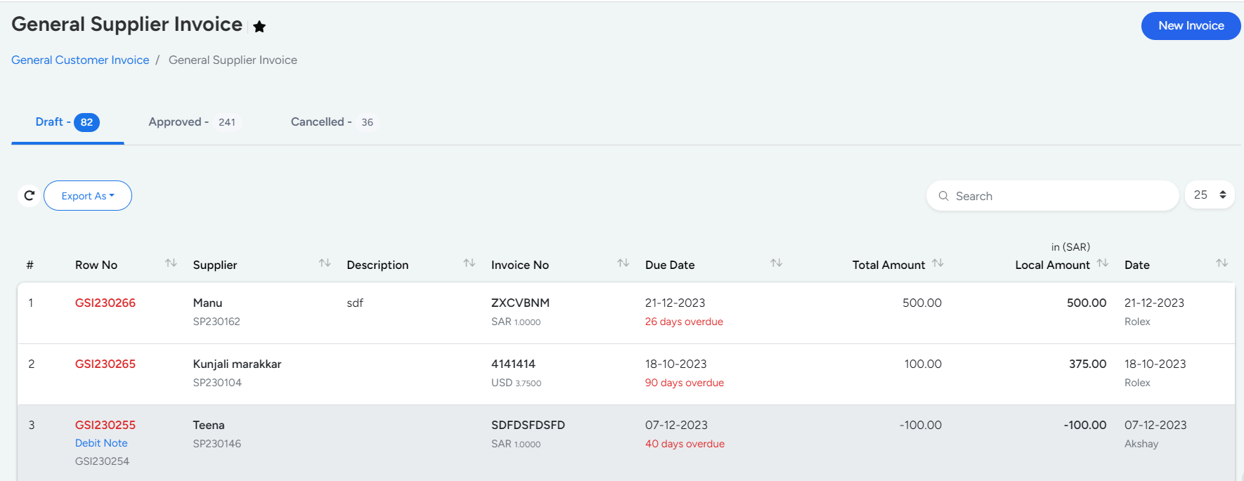 General Supplier Invoice list in Bridge LCS Logistics Tracking Software