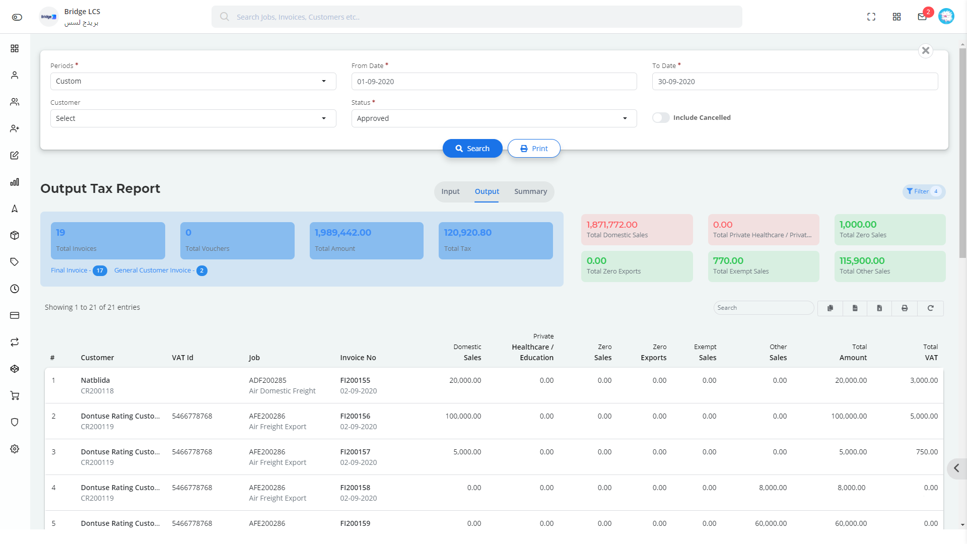 Output Tax Report in Bridge LCS Freight Forwarding System Software