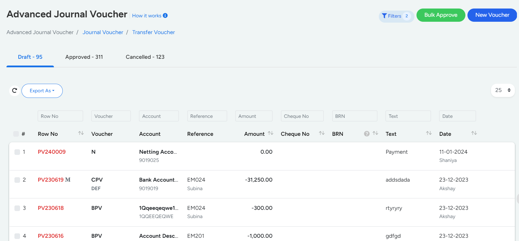 Payment voucher unapproved Row Nunber is indicates in Red Color.