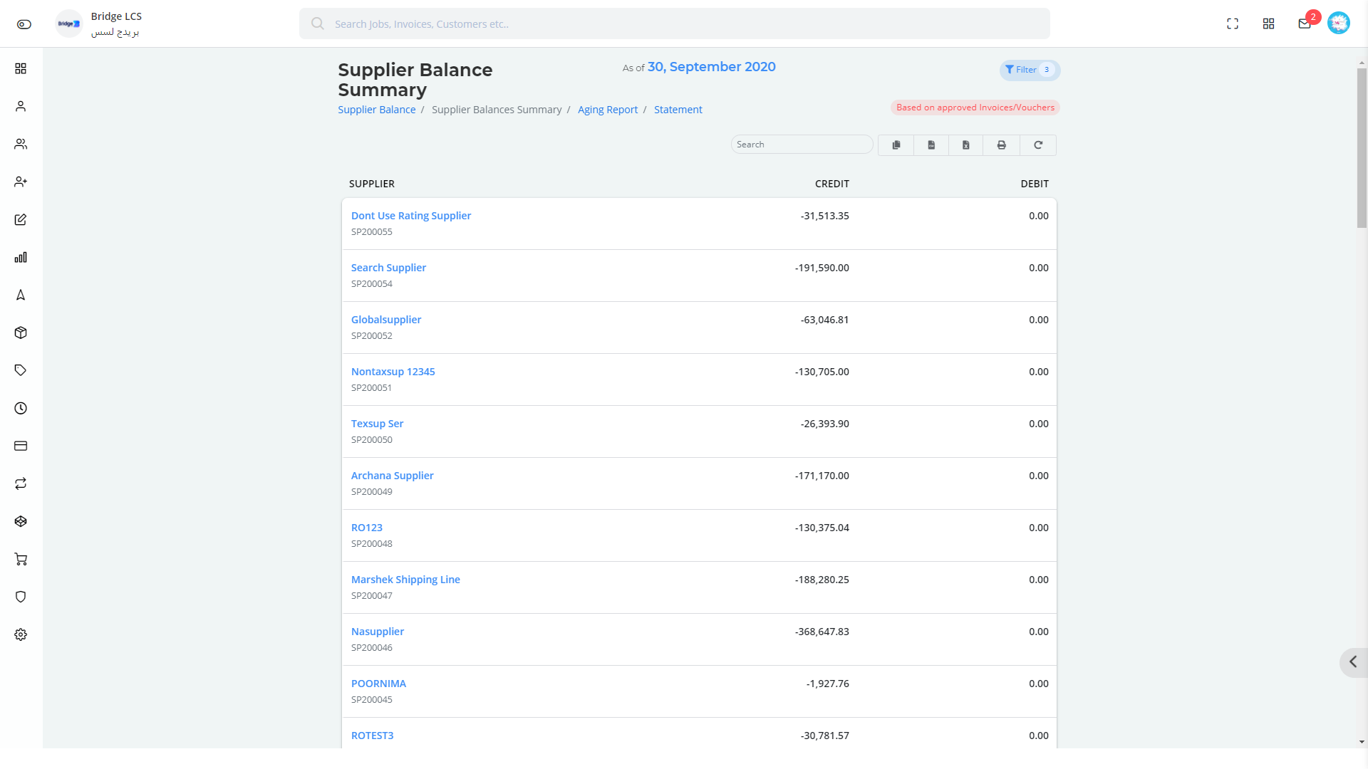 Supplier Balance Summary in bridge LCS Transport Logistics Software