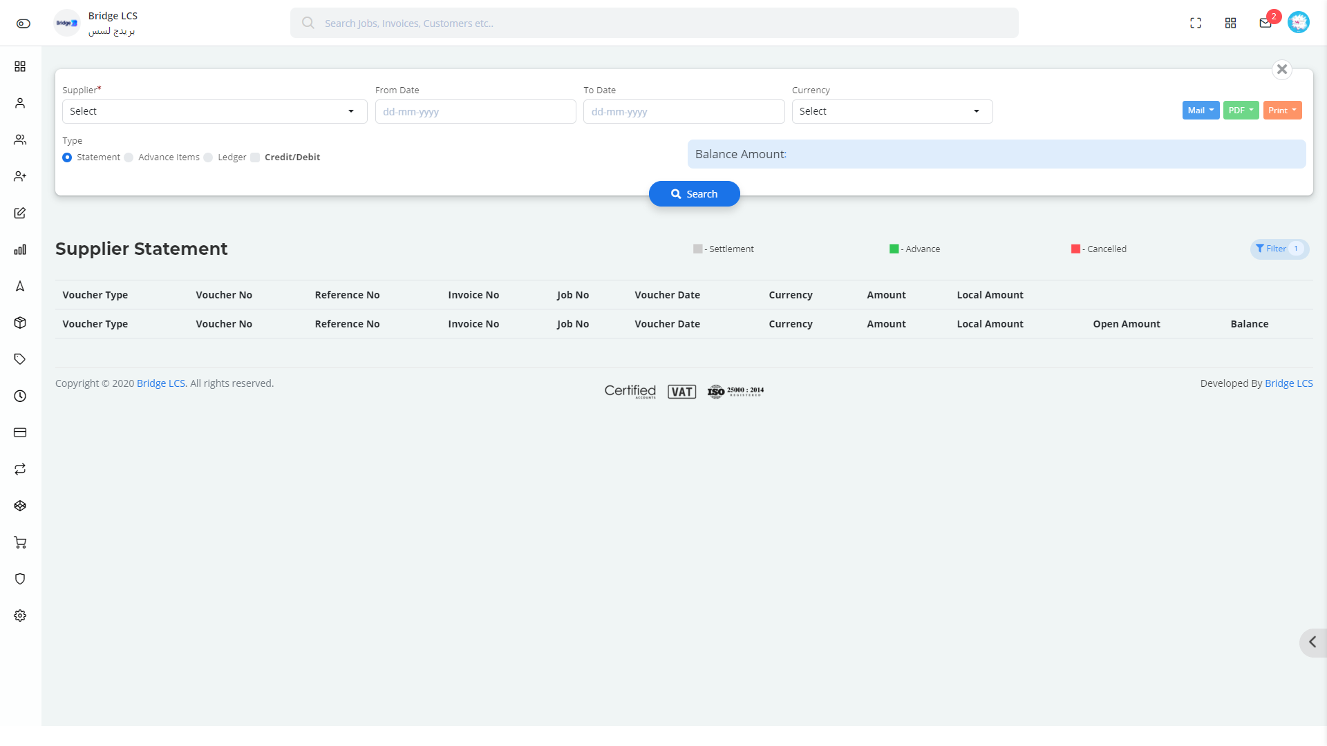 Supplier Statement list in Bridge LCS Ship Management Software