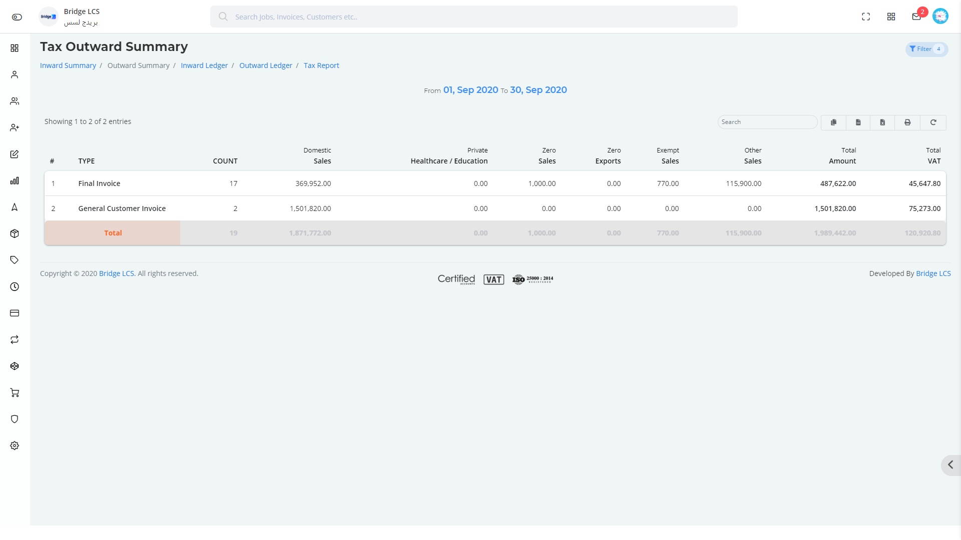 Tax Outward Summary in Bridge LCS Freight And Logistics Software