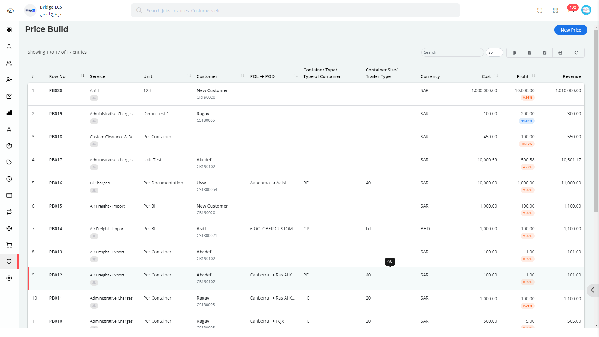 Masters Price Build in Bridge LCS Freight Forwarding ERP Software