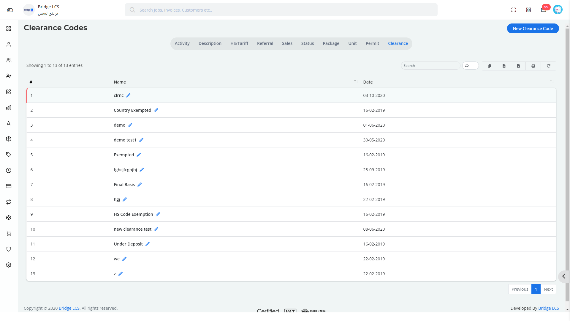 Masters Clearance Code List in Cloud Based Freight Forwarding Software