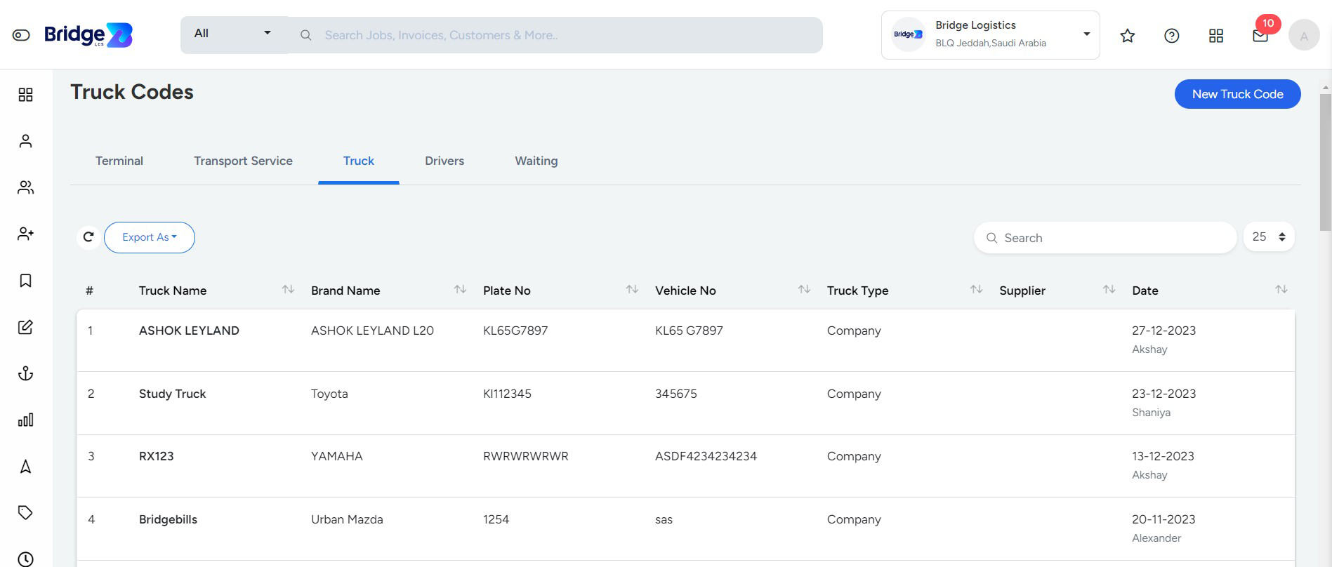 Truck Code in Freight Broker Software