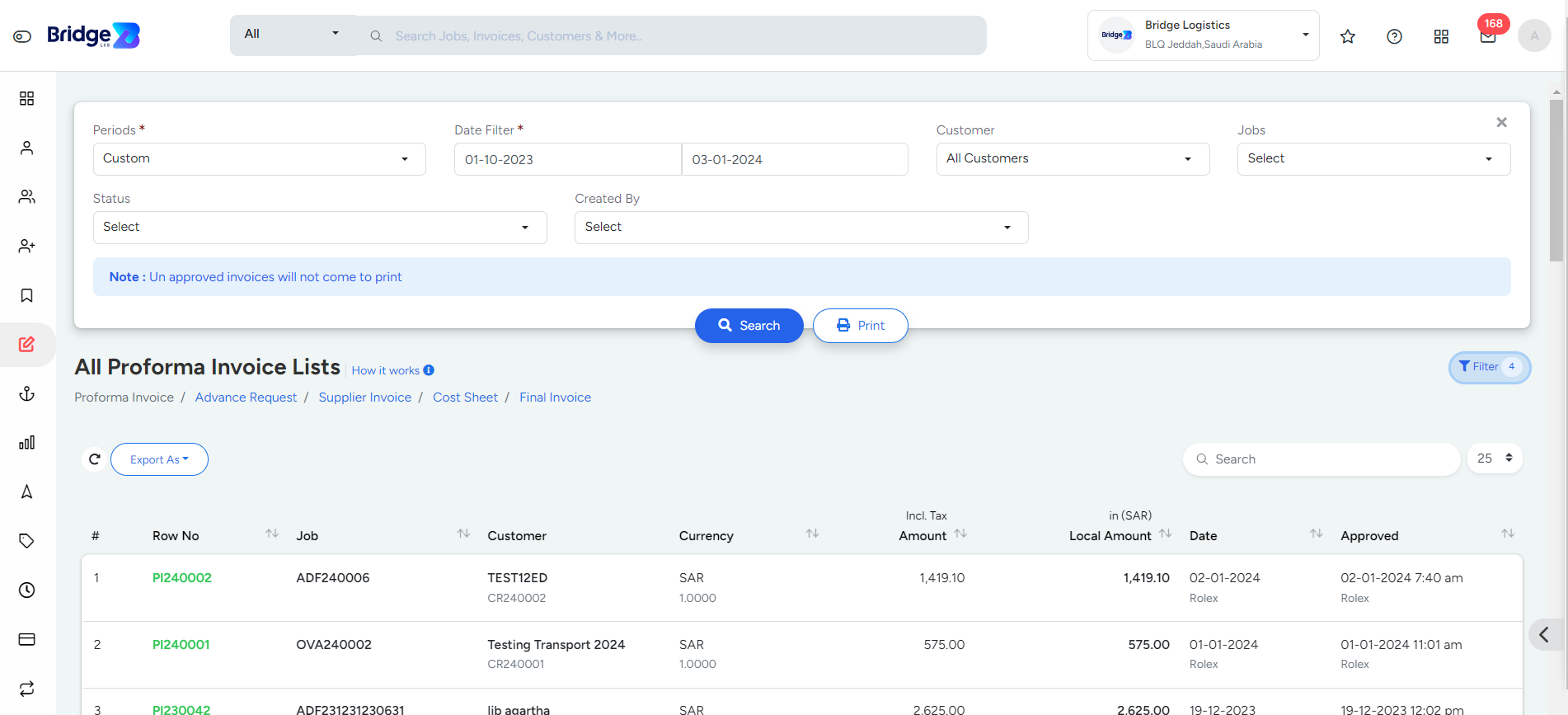 Create a new proforma invoice in Bridge LCS International Logistics Software