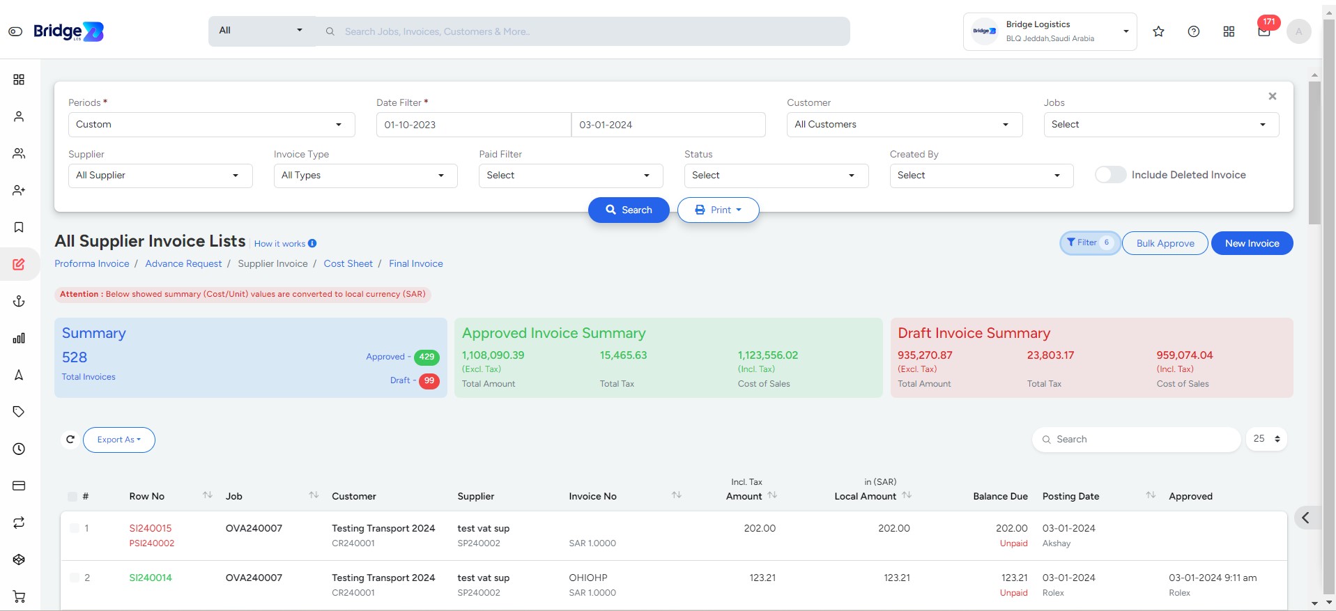 Create New Supplier Invoice In Bridge LCS Sea Freight Software