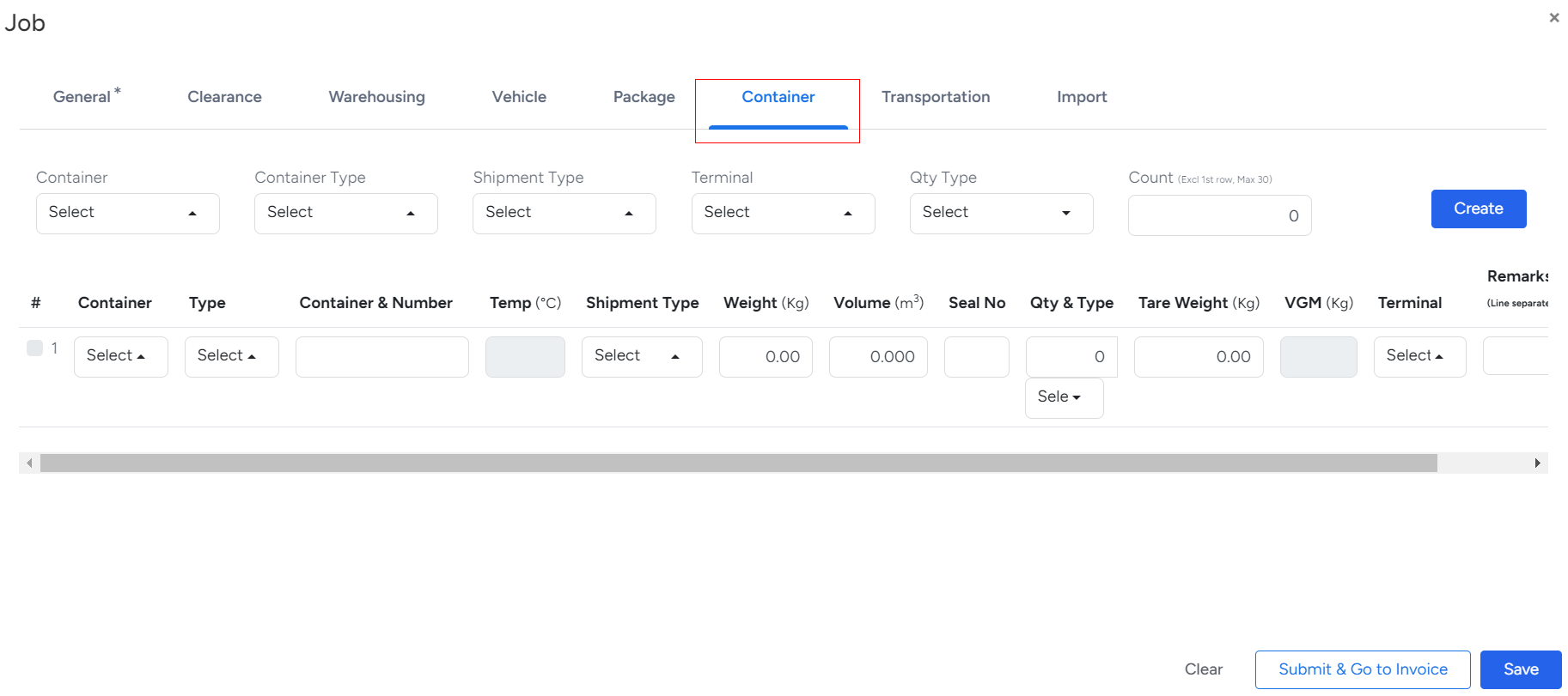 Container Section Form In Freight Broker Software 