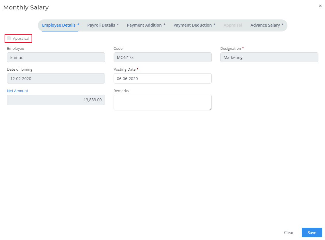 Employee monthly salary details