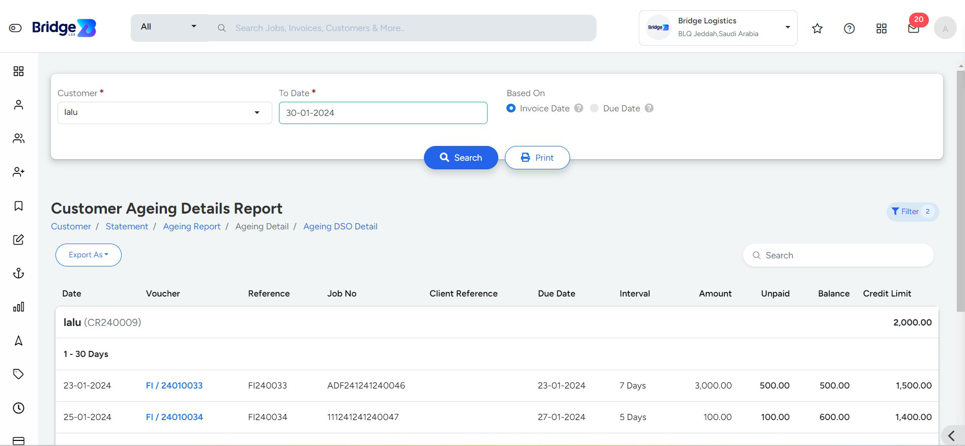 Ageing detail report Page In Bridge LCS Cargo Management System Software