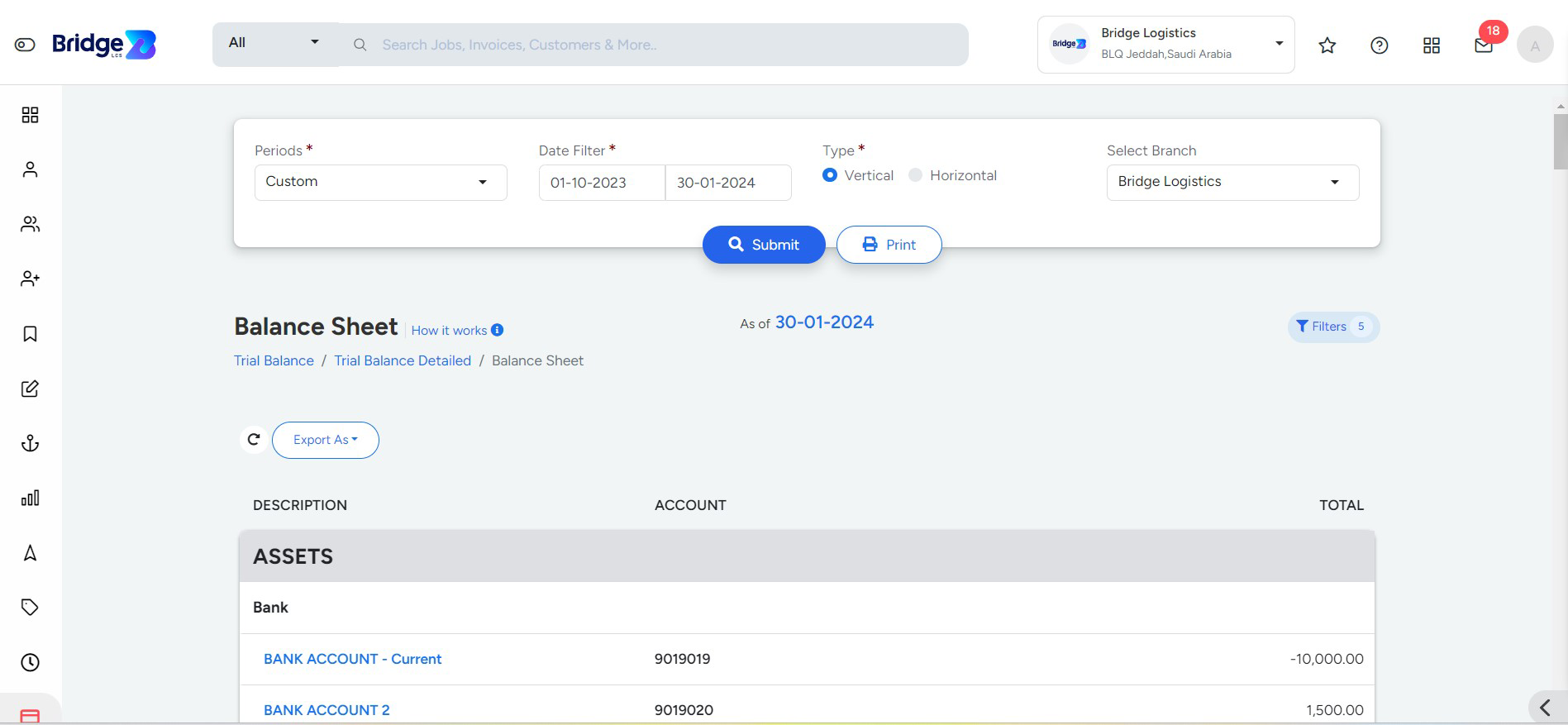 Balance sheet Page In Bridge LCS Cargo Management System Software