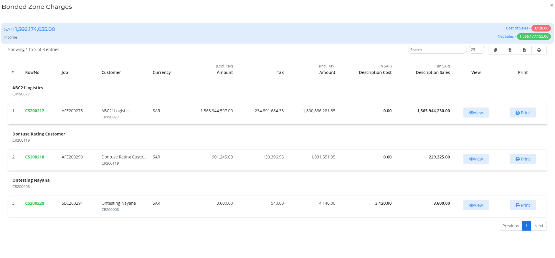 Cost Sheets that the selected Description holds