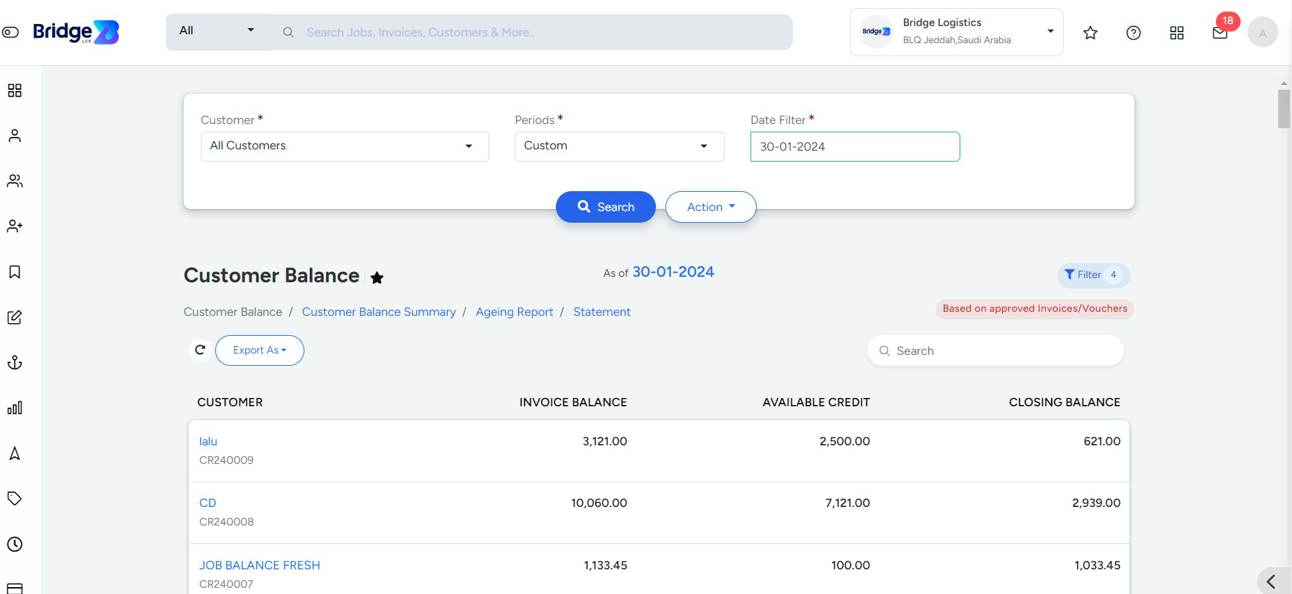 customer-balance Page In Bridge LCS Cargo Management System Software