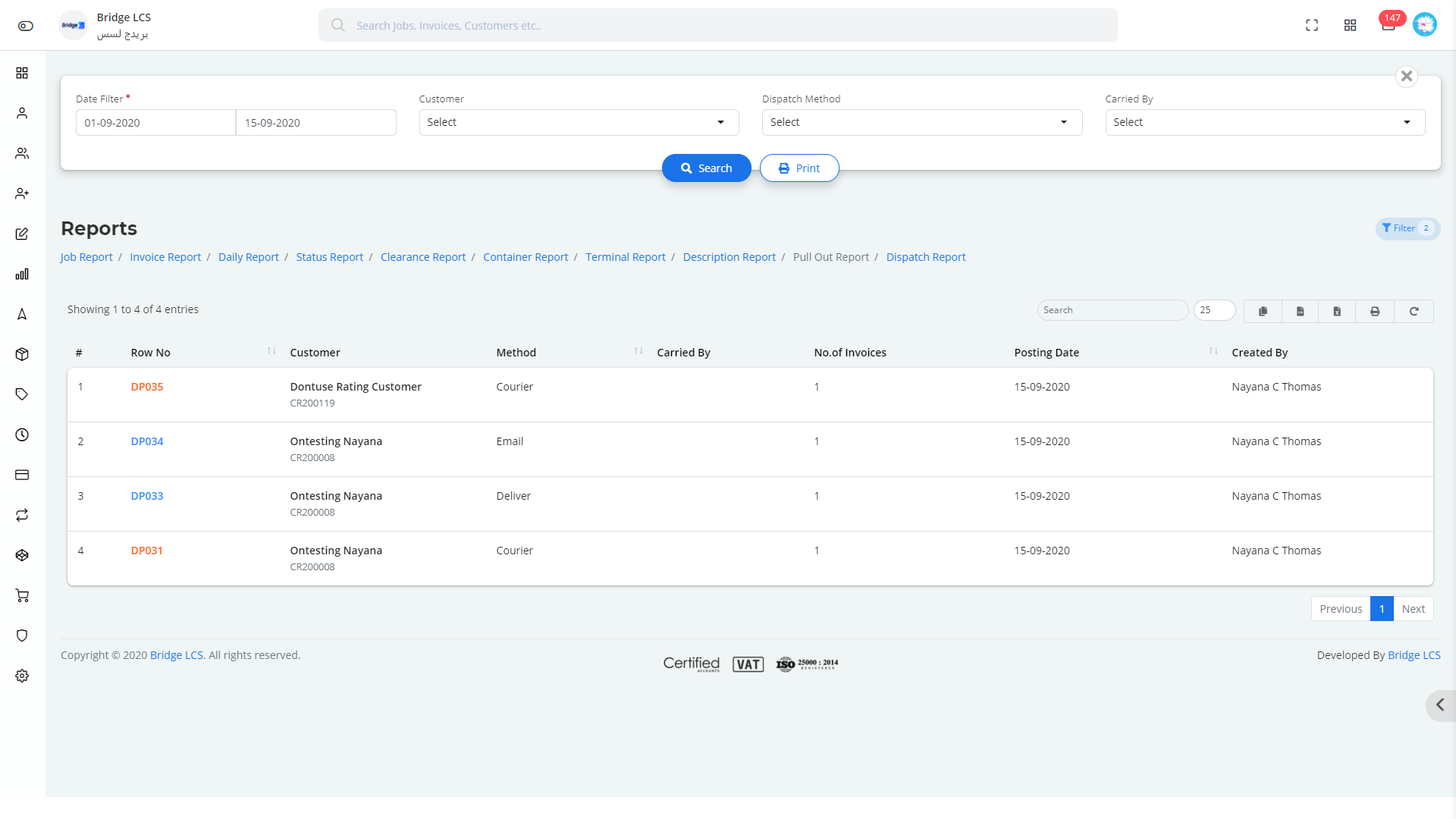 Dispatch Report In Bridge LCS Freight Software