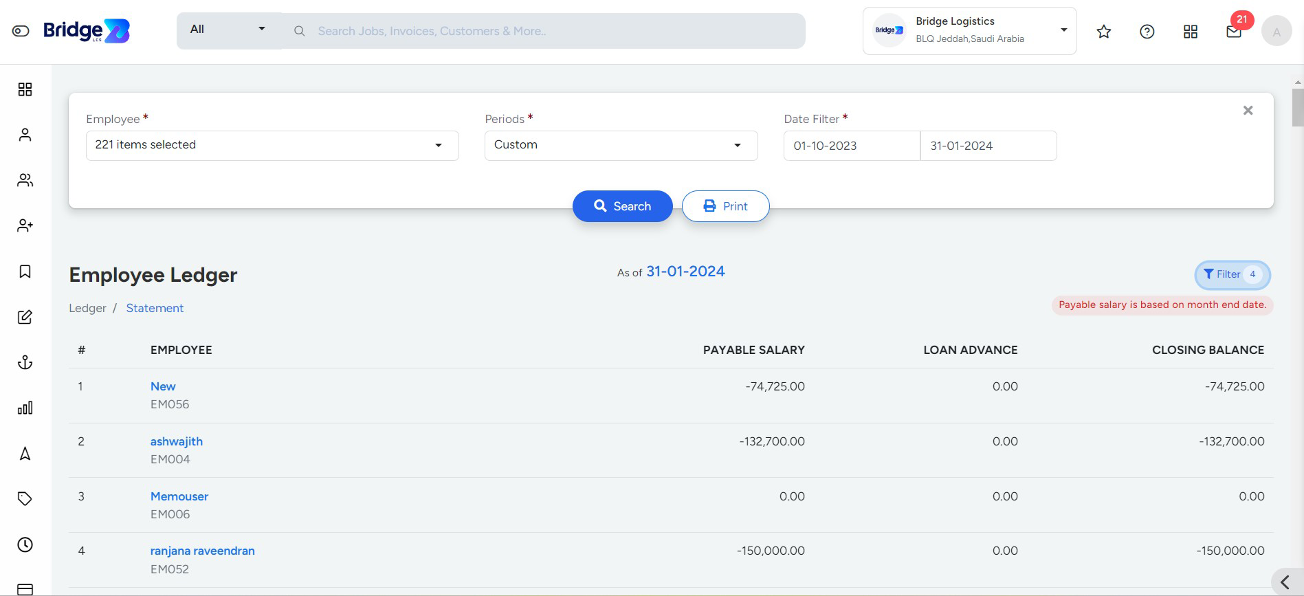 Employee report Page In Bridge LCS Cargo Management System Software