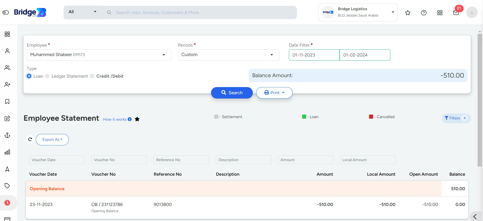 Employee statement Page In Bridge LCS Cargo Management System Software