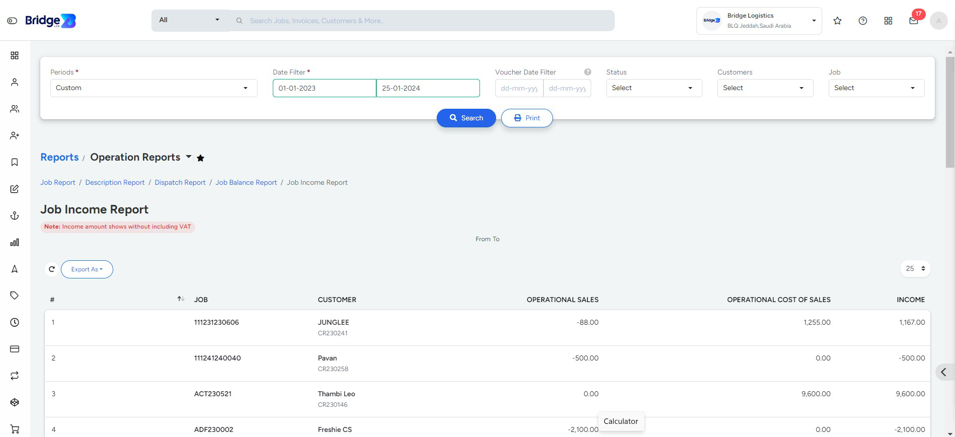 Job income report In Bridge LCS Freight Software