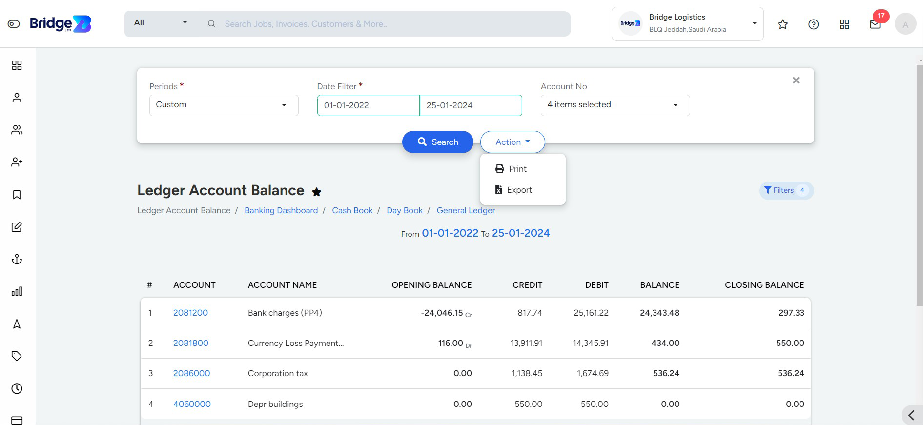 Ledger Account Balance Page In Bridge LCS Cargo Management System Software