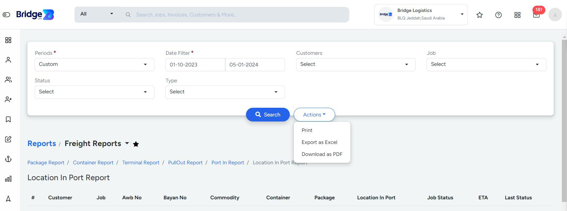 Location in port Report In Bridge lCS Software