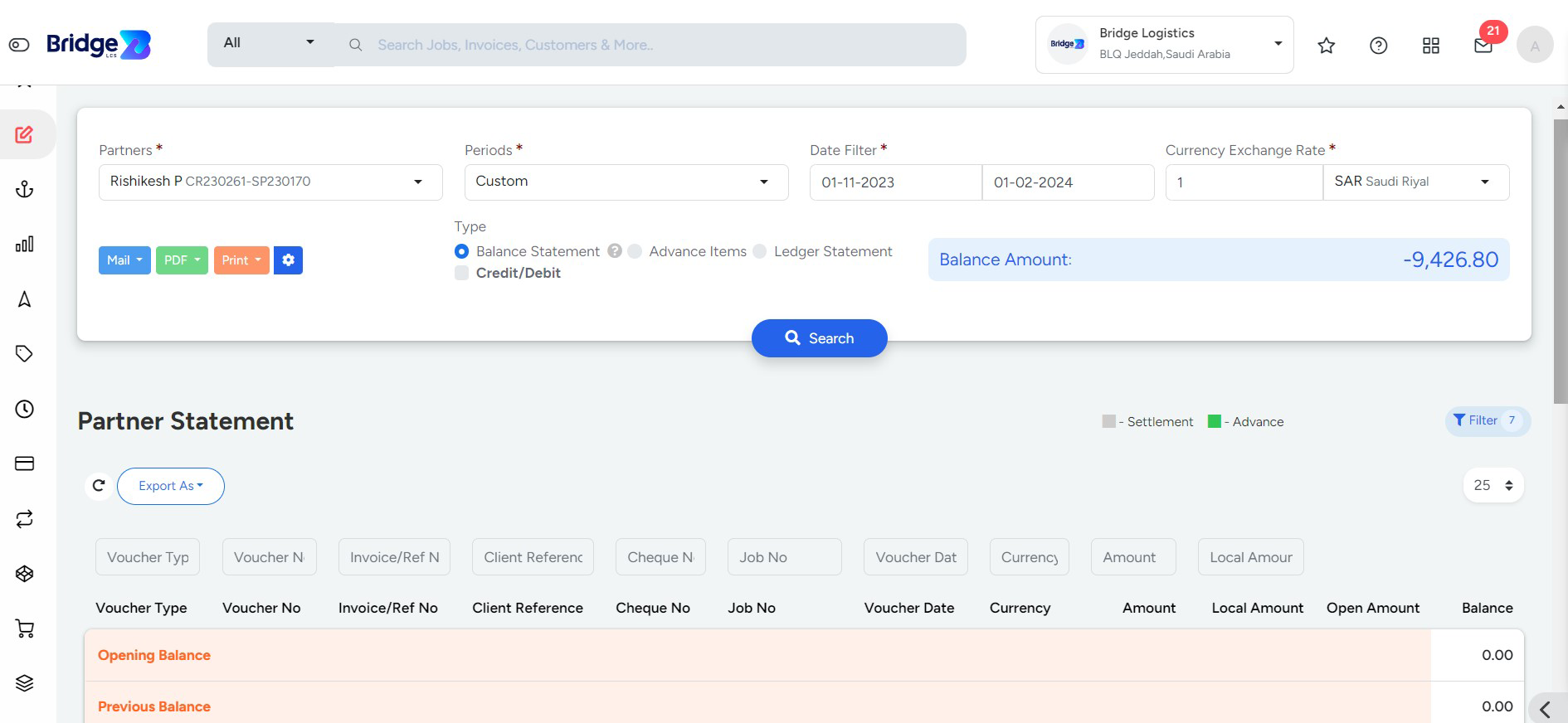 Partner statment Page In Bridge LCS Cargo Management System Software