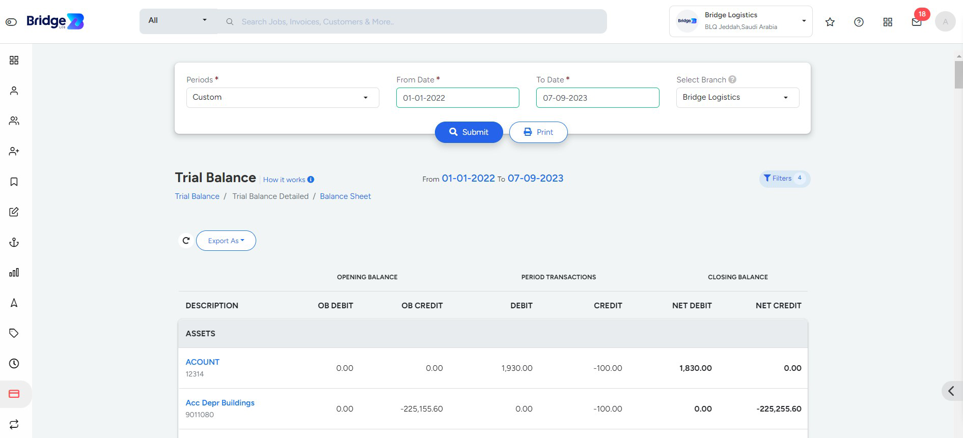 Trial Balance detailed Page In Bridge LCS Cargo Management System Software