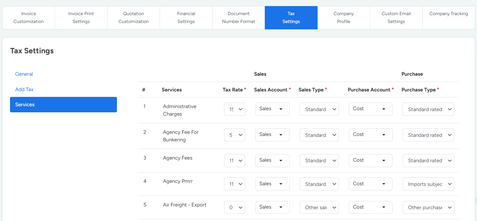 How to services in Tax Settings in Bridge LCS Ship Management Software